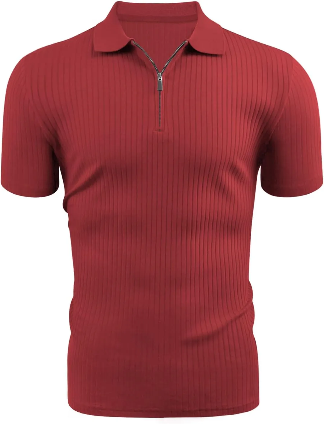 Zipper Muscle Polo Shirts for Men Slim Fit Short Sleeve Cotton Ribbed Knit Golf Shirt