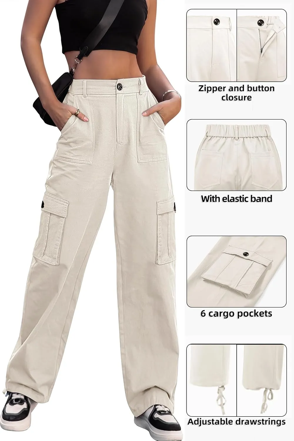 ZMPSIISA Women High Waisted Cargo Pants Wide Leg Casual Pants 6 Pockets Combat Military Trousers