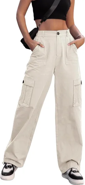 ZMPSIISA Women High Waisted Cargo Pants Wide Leg Casual Pants 6 Pockets Combat Military Trousers