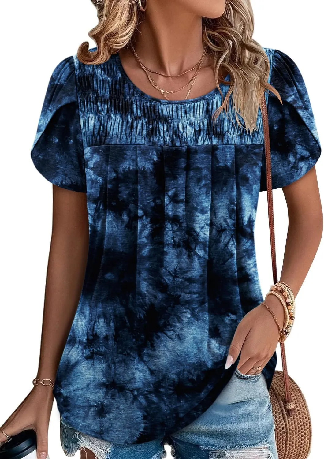 ZOLUCKY Womens Short Sleeve Shirts Floral Summer Tops Ladies Tunic Tops Loose Fit Tunics