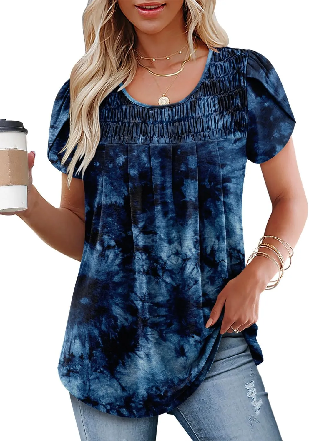 ZOLUCKY Womens Short Sleeve Shirts Floral Summer Tops Ladies Tunic Tops Loose Fit Tunics